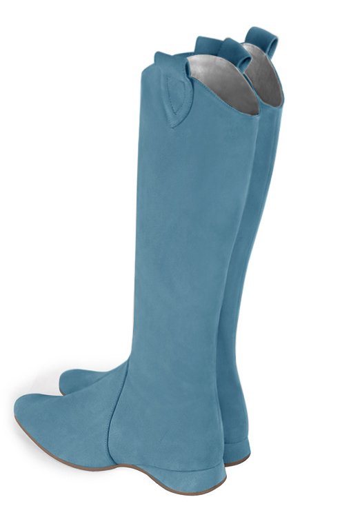 Peacock blue women's cowboy boots. Round toe. Flat wedge heels. Made to measure. Rear view - Florence KOOIJMAN